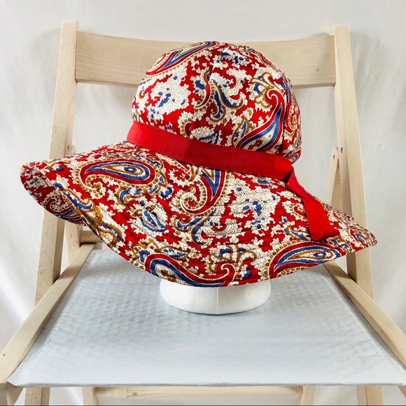 Vintage 60s Madcaps New York Paris Red Paisley Floppy Hat with Red Ribbon Small - Picture 3 of 12